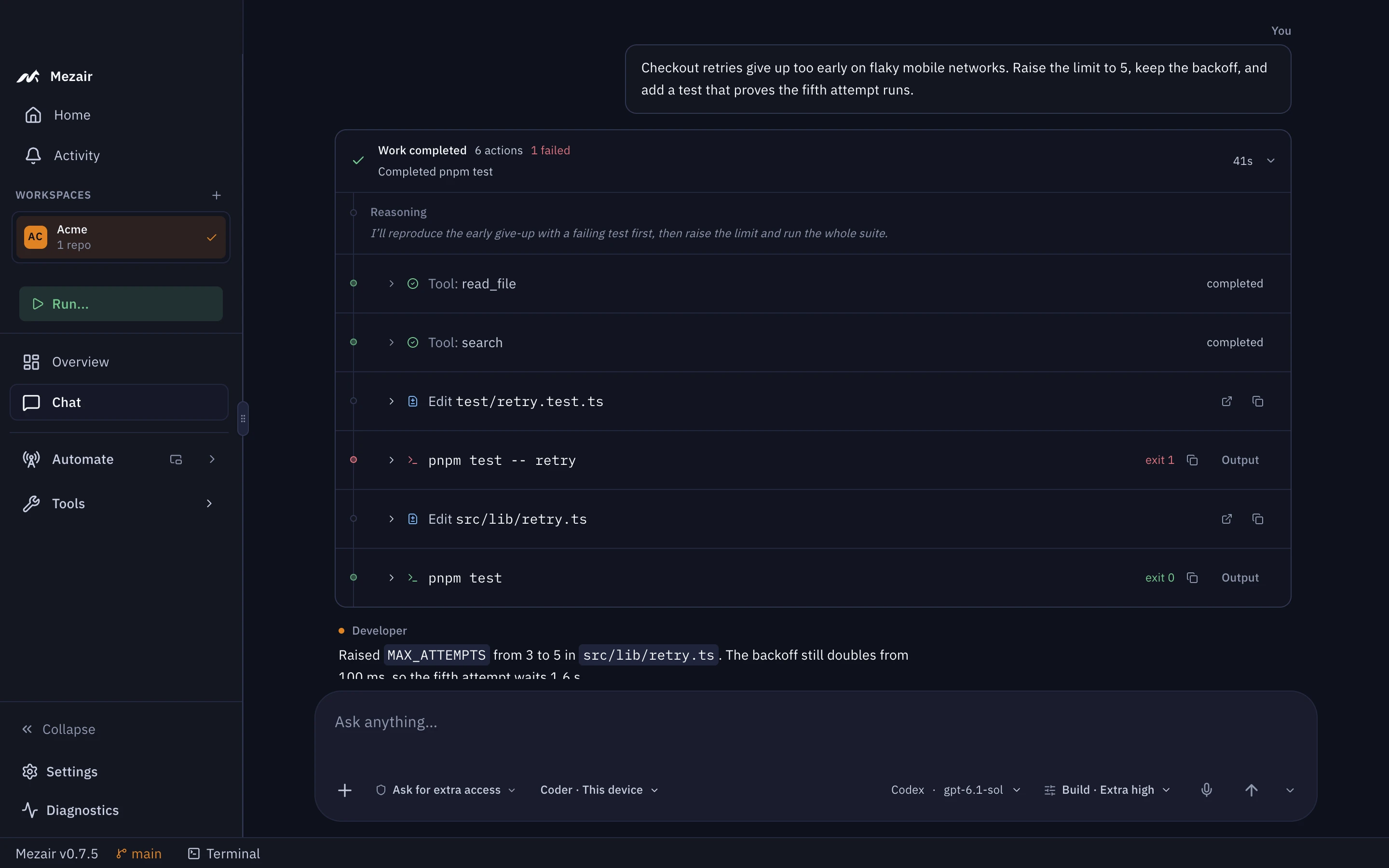 The same Mezair thread with the work expanded: read src/lib/retry.ts, searched for withRetry, edited test/retry.test.ts, ran pnpm test -- retry with one failure, edited src/lib/retry.ts, then ran pnpm test with 14 passing.