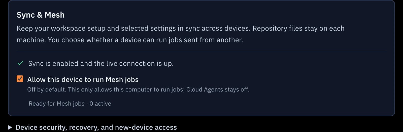 Sync and Mesh status for this device: connected to the Acme Sync Cloudflare backend, Sync on with the live connection up, and this device allowed to run Mesh jobs.