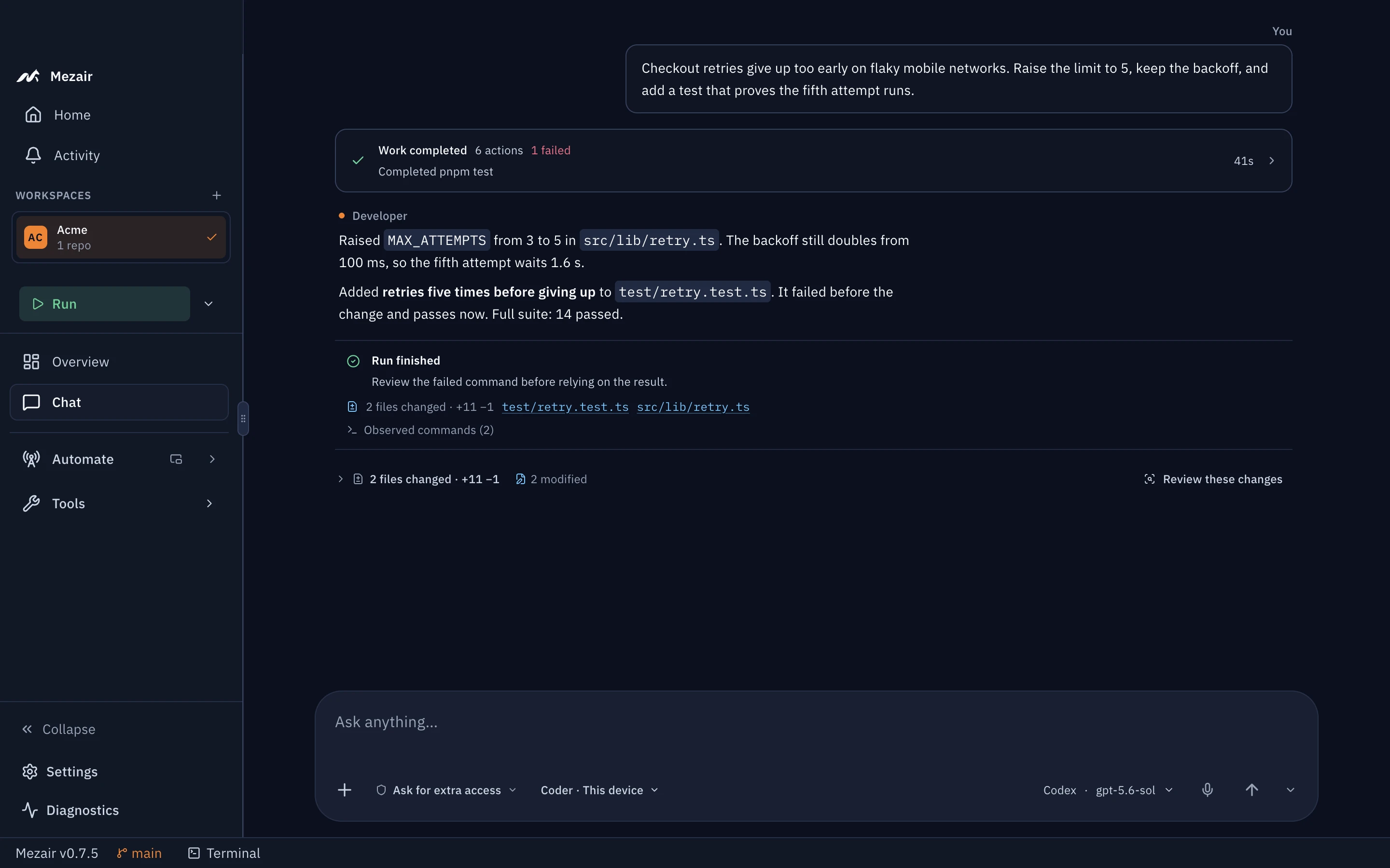 The finished run: six actions, an answer that explains raising MAX_ATTEMPTS to 5 and reports 14 passing tests, a note to review the failed command, and Review these changes for two files.