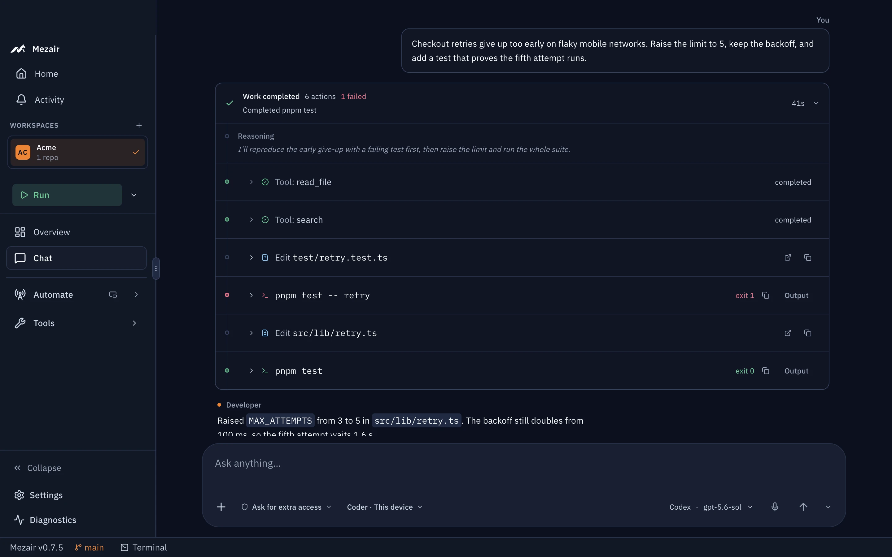The Acme thread with the work expanded: read src/lib/retry.ts, searched for withRetry, edited the test, ran pnpm test -- retry with one failure, edited src/lib/retry.ts, then ran pnpm test with 14 passing.