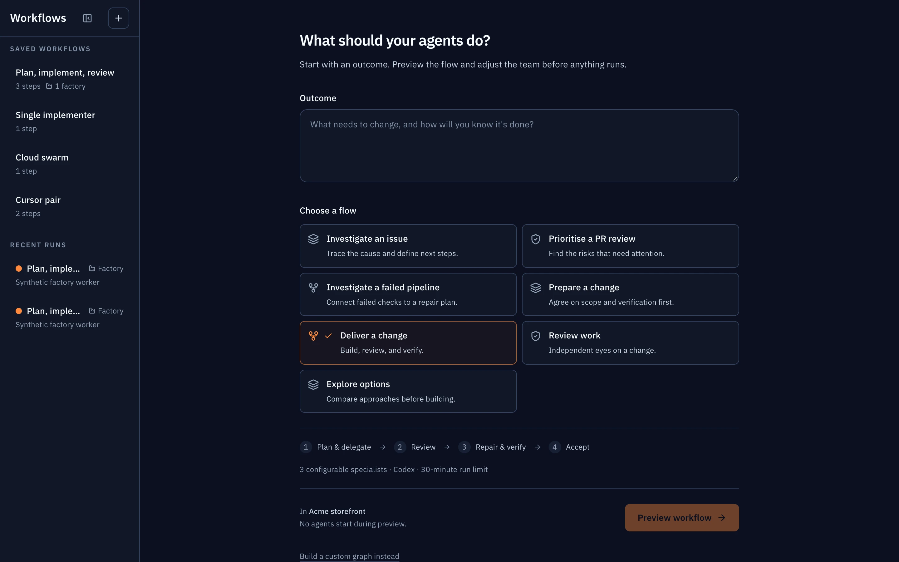 The Workflows view listing reusable agent workflows, which factories pin them, and Use in a factory.