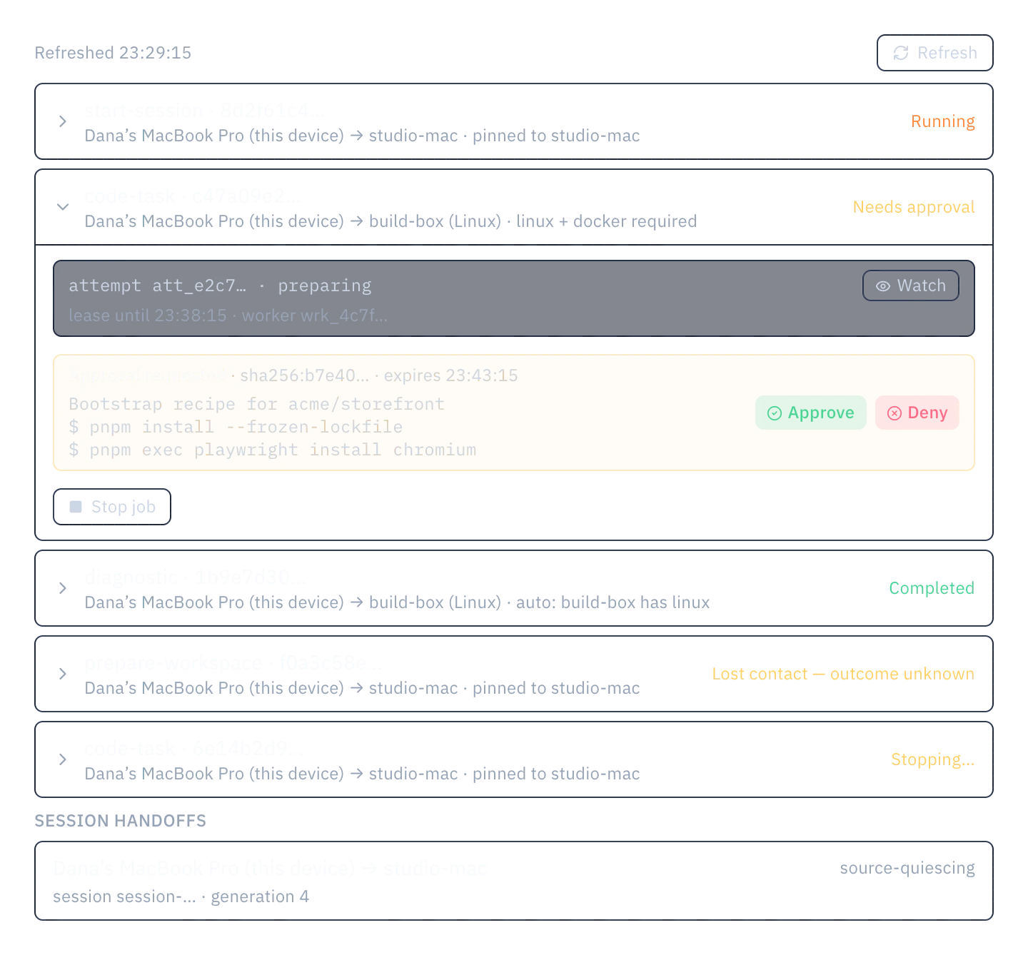 A code-task job on build-box waiting for approval of a bootstrap recipe, showing the commands, the action digest, the expiry, and Approve and Deny.