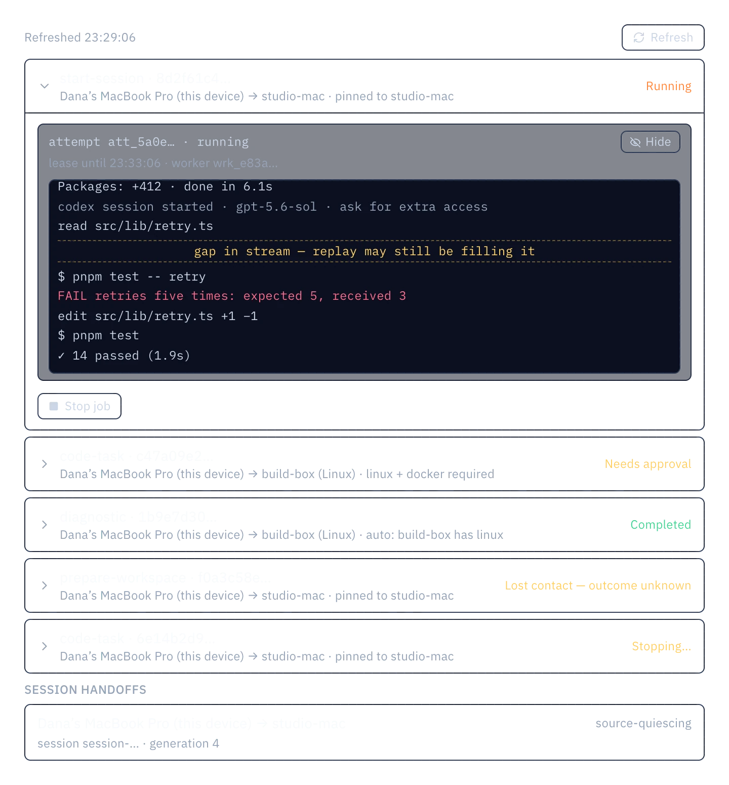 Mesh jobs: a start-session job running on studio-mac with its attempt stream open, including a marked gap; other jobs read Needs approval, Completed, Lost contact, outcome unknown, and Stopping.